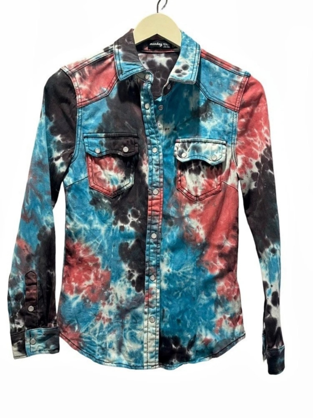 Monkey Ride Jean Tie-Dye Snap Button Down Womens Shirt Western Sz M
